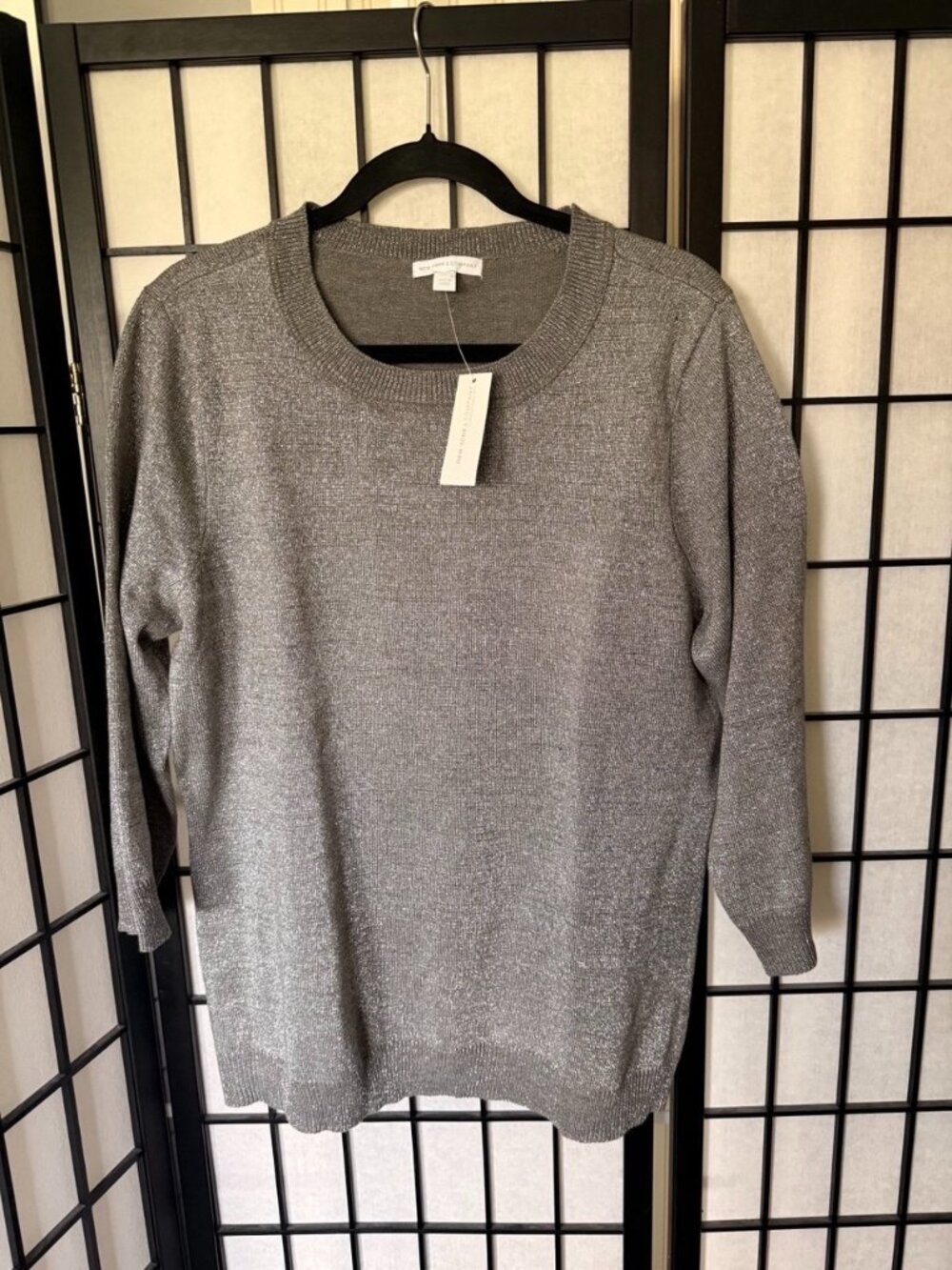 New York & Company Silver Metallic Shimmer Crewneck Sweater Sparkle Knit NWT Siz